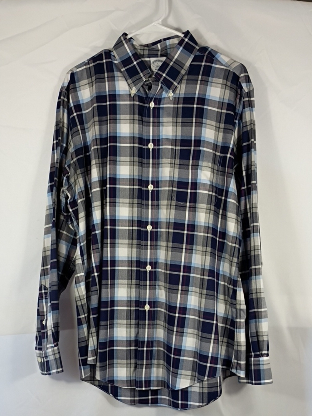 EUC Brooks Brothers Regent Blue & Gray Plaid Cotton Dress Shirt Size Large